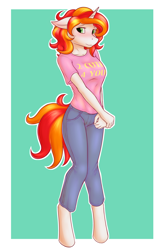 Size: 2800x4241 | Tagged: safe, artist:daf, oc, oc only, oc:star shimmer, unicorn, anthro, unguligrade anthro, blushing, clothes, cute, high res, pants, pinup, shirt, solo