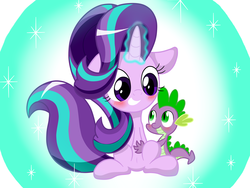 Size: 4128x3096 | Tagged: safe, artist:lovehtf421, spike, starlight glimmer, g4, blushing, cute, floppy ears, looking at each other, magic, male, shield, ship:sparlight, shipping, sitting, smiling, sparkles, straight
