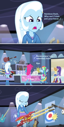 Size: 632x1256 | Tagged: safe, edit, edited screencap, screencap, applejack, dj pon-3, pinkie pie, rainbow dash, rarity, trixie, vinyl scratch, equestria girls, g4, guitar centered, my little pony equestria girls: rainbow rocks, abuse, boots, clothes, electric guitar, guitar, high heel boots, musical instrument, ponied up, ponytail, rainbow douche, screencap comic, skirt, trixiebuse, wings