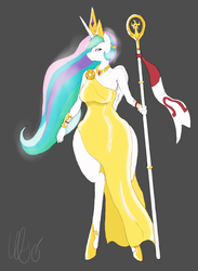 Size: 2200x3000 | Tagged: safe, artist:wynsten, princess celestia, anthro, unguligrade anthro, g4, clothes, dress, female, high res, lidded eyes, scepter, side slit, simple background, solo, wide hips