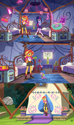 Size: 640x1080 | Tagged: safe, screencap, sci-twi, spike, spike the regular dog, sunset shimmer, twilight sparkle, dog, equestria girls, g4, my little pony equestria girls: legend of everfree, bed, bigger on the inside, cartoon physics, clothes, converse, hammerspace, magic, shoes, telekinesis, tent