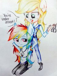 Size: 1535x2048 | Tagged: safe, artist:liaaqila, applejack, rainbow dash, equestria girls, g4, arm behind head, arrested, belly button, clothes, cuffs, kneeling, midriff, police, police uniform, pony ears, sports bra, traditional art