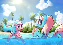 Size: 1684x1191 | Tagged: safe, artist:hoodie, aloe, lotus blossom, earth pony, pony, g4, ball, beach, beach ball, butt, cloud, cute, duo, duo female, female, mare, open mouth, plot, siblings, sisters, sky, smiling, spa twins, spaww twins, sun, tree, twins, water