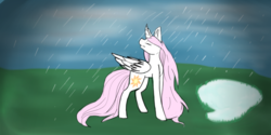 Size: 1024x514 | Tagged: safe, artist:deerotic25, princess celestia, g4, curved horn, eyes closed, female, horn, pink-mane celestia, rain, solo, younger