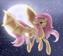 Size: 1309x1156 | Tagged: safe, artist:bonniebatman, fluttershy, bat pony, pony, g4, female, flutterbat, flying, moon, race swap, solo, stars