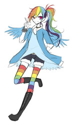 Size: 600x1000 | Tagged: safe, artist:elaphine, rainbow dash, human, g4, alternate hairstyle, clothes, collar, female, humanized, ponytail, rainbow socks, shirt, shorts, simple background, socks, solo, striped socks, sweatband, winged humanization