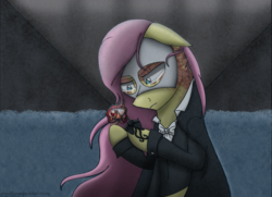 Size: 1280x925 | Tagged: safe, artist:stuflox, fluttershy, g4, clothes, crossover, crying, female, flower, mask, phantom of the opera, rose, solo