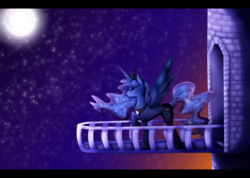 Size: 1024x731 | Tagged: safe, artist:tayathedemon, princess luna, g4, balcony, female, moon, night, raised hoof, solo, tower