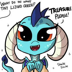 Size: 1815x1815 | Tagged: safe, artist:tjpones, part of a set, princess ember, dragon, g4, gauntlet of fire, bust, cute, dialogue, emberbetes, female, hand, looking at you, offscreen character, open mouth, part of a series, puppy dog eyes, shaking, simple background, smiling, tail wag, tjpones is trying to murder us, what do you want, white background