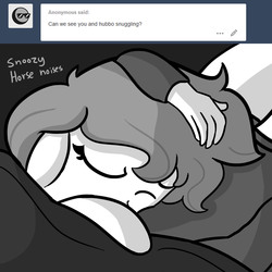 Size: 1440x1440 | Tagged: safe, artist:tjpones, oc, oc only, oc:brownie bun, oc:richard, earth pony, human, pony, horse wife, ask, cute, descriptive noise, eyes closed, female, floppy ears, grayscale, horse noises, human male, male, mare, meme, monochrome, sleeping, smiling, snuggling, tjpones is trying to murder us, tumblr
