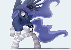 Size: 2500x1784 | Tagged: safe, artist:ncmares, princess luna, alicorn, pony, ask majesty incarnate, g4, clothes, cute, female, floppy ears, fluffy, happy, high res, looking back, lunabetes, mare, open mouth, raised hoof, raised leg, simple background, smiling, socks, solo, spread wings, striped socks, thigh highs, white background, wide eyes