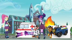 Size: 1469x833 | Tagged: safe, edit, part of a set, sci-twi, sour sweet, twilight sparkle, equestria girls, g4, 1000 hours in ms paint, ambulance, bad edit, clothes, crossover, crystal prep academy, crystal prep academy uniform, fire, male, mario, ms paint, part of a series, paw patrol, police, police officer, school, school uniform, sci-twi's comic life