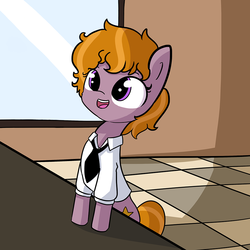 Size: 974x974 | Tagged: safe, artist:tjpones edits, edit, editor:dsp2003, oc, oc only, oc:holly wood, pony, bipedal, bipedal leaning, coffee, cute, leaning, mcdonald's, necktie, ocbetes, open mouth, solo, textless, window