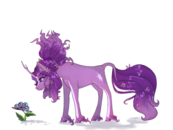 Size: 1280x960 | Tagged: safe, artist:pixlokita, tree of harmony, oc, oc only, oc:harmony (heilos), classical unicorn, pony, cloven hooves, flower, flower in hair, horn, leonine tail, ponified, simple background, solo, unshorn fetlocks, white background