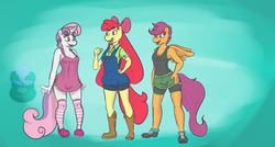 Size: 1280x688 | Tagged: safe, artist:radicalweegee, apple bloom, scootaloo, sweetie belle, earth pony, anthro, plantigrade anthro, g4, clothes, cutie mark crusaders, tank top