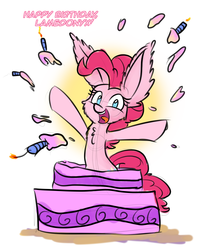 Size: 1280x1600 | Tagged: safe, artist:heir-of-rick, pinkie pie, g4, birthday, birthday cake, cake, candle, chest fluff, cute, diapinkes, female, food, impossibly large ears, looking at you, open mouth, popping out of a cake, simple background, smiling, solo, white background
