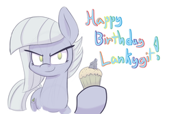 Size: 1280x853 | Tagged: safe, artist:heir-of-rick, limestone pie, g4, birthday, birthday candles, female, food, muffin, rock, simple background, smiling, solo, white background