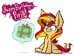 Size: 1000x750 | Tagged: safe, artist:heir-of-rick, sunset shimmer, pony, g4, birthday, birthday present, ear fluff, female, glowing horn, horn, impossibly large ears, levitation, magic, simple background, sitting, smiling, solo, telekinesis, white background