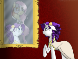 Size: 1280x972 | Tagged: safe, artist:stuflox, fluttershy, rarity, g4, clothes, crossover, dress, implied flarity, mirror, phantom of the opera