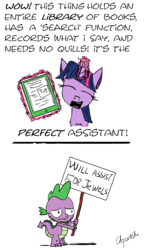 Size: 5000x8527 | Tagged: safe, artist:chopsticks, spike, twilight sparkle, pony, g4, spike at your service, absurd resolution, beard, digital art, facial hair, funny, magic, sign, simple background, tablet, transparent background, unemployment, will x for y