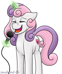 Size: 1452x1715 | Tagged: safe, artist:marsh-mal-oh, sweetie belle, pony, g4, cutie mark, eyes closed, female, floppy ears, levitation, magic, microphone, open mouth, simple background, singing, smiling, solo, telekinesis, the cmc's cutie marks, transparent background