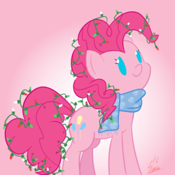 Size: 1000x1000 | Tagged: safe, artist:cherryceriseart, artist:scratchii, pinkie pie, earth pony, pony, g4, christmas, christmas lights, clothes, cute, diapinkes, female, holiday, no pupils, ponk, scarf, silly, silly pony, solo, tangled up