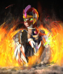 Size: 1920x2255 | Tagged: safe, artist:discordthege, oc, oc only, pegasus, pony, armor, clothes, fire, signature, solo