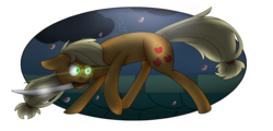Size: 1664x802 | Tagged: safe, artist:soundwavepie, applejack, pony, g4, female, glowing eyes, knife, mouth hold, simple background, solo, transparent background