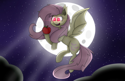 Size: 1856x1200 | Tagged: safe, artist:soundwavepie, fluttershy, bat pony, pony, g4, female, flutterbat, glowing eyes, moon, night, race swap, solo