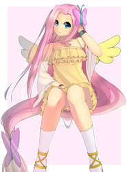 Size: 768x1039 | Tagged: safe, alternate version, artist:mw-magister, fluttershy, butterfly, human, g4, bracelet, clothes, colored pupils, detached sleeves, dress, female, flattershy, flowing hair, humanized, impossibly long hair, jewelry, long hair, looking at you, simple background, sitting, skirt, smiling, socks, solo, upskirt denied, white background, winged humanization, wings