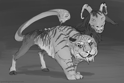 Size: 3575x2400 | Tagged: safe, artist:cuttledreams, chimera sisters, big cat, chimera, goat, snake, tiger, g4, ambiguous gender, grayscale, high res, monochrome, multiple heads, sketch, solo, three heads