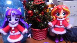 Size: 2048x1152 | Tagged: safe, sunset shimmer, twilight sparkle, equestria girls, g4, christmas, christmas tree, clothes, costume, doll, equestria girls minis, eqventures of the minis, irl, photo, santa costume, toy, tree