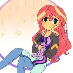 Size: 1000x1000 | Tagged: safe, artist:windymils, sunset shimmer, twilight sparkle, pony, equestria girls, g4, clothes, cute, heart, holding a pony, jacket, leather jacket, pants, shimmerbetes, stars, twiabetes, twilight sparkle (alicorn)
