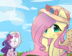 Size: 1329x1026 | Tagged: safe, artist:windymils, fluttershy, rarity, pony, g4, bipedal, blushing, cross-popping veins, cute, duo, hat, looking at you, shyabetes, smiling, spread wings, wind