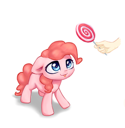 Size: 2448x2513 | Tagged: safe, artist:inowiseei, part of a set, pinkie pie, human, pony, g4, candy, cute, diapinkes, disembodied hand, eyes on the prize, filly, floppy ears, food, hand, high res, lollipop, toddler, tongue out, younger