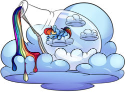Size: 9356x6918 | Tagged: safe, artist:cutepencilcase, rainbow dash, g4, absurd resolution, bottle, cloud, cute, eyes closed, female, liquid rainbow, open mouth, pony in a bottle, prone, rainbow, sleeping, smiling, solo