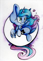 Size: 1731x2444 | Tagged: safe, artist:cutepencilcase, princess luna, g4, chest fluff, cute, female, fluffy, impossibly large ears, missing accessory, moon, on back, simple background, smiling, solo, spread wings, tangible heavenly object, traditional art, underhoof, waving, white background
