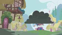 Size: 1280x720 | Tagged: safe, screencap, apple bloom, rainbow dash, earth pony, pegasus, pony, call of the cutie, g4, cloud, duo, ponyville, sad