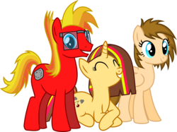 Size: 5979x4483 | Tagged: safe, artist:itspeahead, oc, oc only, oc:cherry lights, oc:stellar winds, oc:strong boulder, earth pony, pegasus, pony, unicorn, g4, absurd resolution, cutie mark, glasses, show accurate, simple background, smiling, transparent background, update, vector, wip