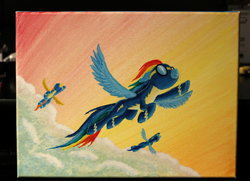 Size: 1280x929 | Tagged: safe, artist:horseez, rainbow dash, soarin', spitfire, pony, g4, acrylic painting, cloud, flying, painting, traditional art, wonderbolts