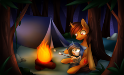 Size: 4800x2920 | Tagged: safe, artist:scarlet-spectrum, oc, oc only, pony, unicorn, campfire, camping, cute, duo, fangs, food, forest, high res, looking down, marshmallow, night, tent