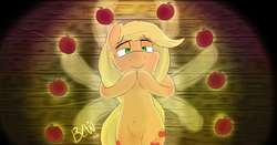 Size: 5000x2616 | Tagged: safe, artist:bow2yourwaifu, applejack, g4, apple, chill, enlightenment, female, food, overwatch, peace, solo, that pony sure does love apples, zenyatta