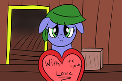 Size: 1200x800 | Tagged: safe, artist:saria the frost mage, oc, oc only, oc:clover patch, earth pony, pony, a foal's adventure, box of chocolates, child, cyoa, female, filly, floppy ears, foal, heart, heart shaped box, puppy dog eyes, solo, story included, text