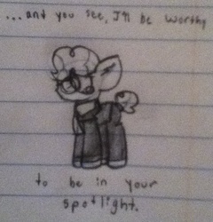 Size: 634x660 | Tagged: safe, artist:thefanficfanpony, svengallop, g4, lined paper, monochrome, quote, sad, sketch, traditional art