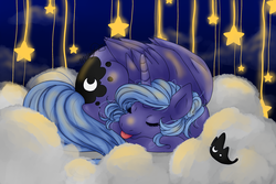 Size: 3000x2000 | Tagged: safe, artist:marshmel-chan, princess luna, alicorn, pony, g4, cloud, curled up, cute, female, high res, lunabetes, s1 luna, sleeping, solo, stars, tangible heavenly object, tongue out