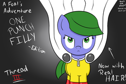 Size: 1200x800 | Tagged: safe, artist:saria the frost mage, oc, oc only, oc:clover patch, earth pony, pony, a foal's adventure, cape, child, clothes, costume, cyoa, female, filly, foal, one punch man, recap, simple background, text, title card