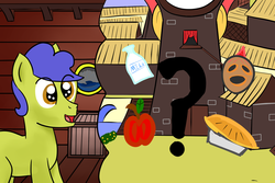 Size: 1200x800 | Tagged: safe, artist:saria the frost mage, oc, oc only, earth pony, pony, a foal's adventure, apple, cyoa, food, male, mask, milk, pie, pirate, question mark, stallion, story included, thought bubble, tower, town