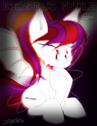 Size: 2792x3615 | Tagged: safe, artist:iflysna94, oc, oc only, oc:dream gaze, bat pony, pony, crying, fangs, high res, open mouth, scared, sitting, solo