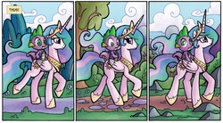 Size: 1600x885 | Tagged: safe, artist:agnesgarbowska, idw, official comic, princess celestia, spike, alicorn, dragon, pony, g4, spoiler:comicff3, bag, bored, comic, dirt road, dragons riding ponies, duo, ethereal mane, female, frown, looking up, male, mare, progression, raised hoof, raised leg, riding, smiling, spike riding celestia, thus!, walking