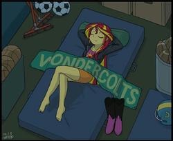 Size: 1312x1078 | Tagged: safe, artist:uotapo, edit, sunset shimmer, human, equestria girls, g4, my little pony equestria girls, arm behind head, ball, bare legs, barefoot, basketball, bed, boots, broom, canterlot high, clothes, cropped, crossed legs, eyes closed, feet, female, football, football helmet, helmet, high heel boots, jacket, leather jacket, legs, no socks, on back, relaxing, shoes, skirt, sleeping, smiling, solo, storage, wondercolts